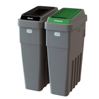 LeanStream 2-stream waste and compost container in grey, compact indoor recycling and waste bin, no backboard