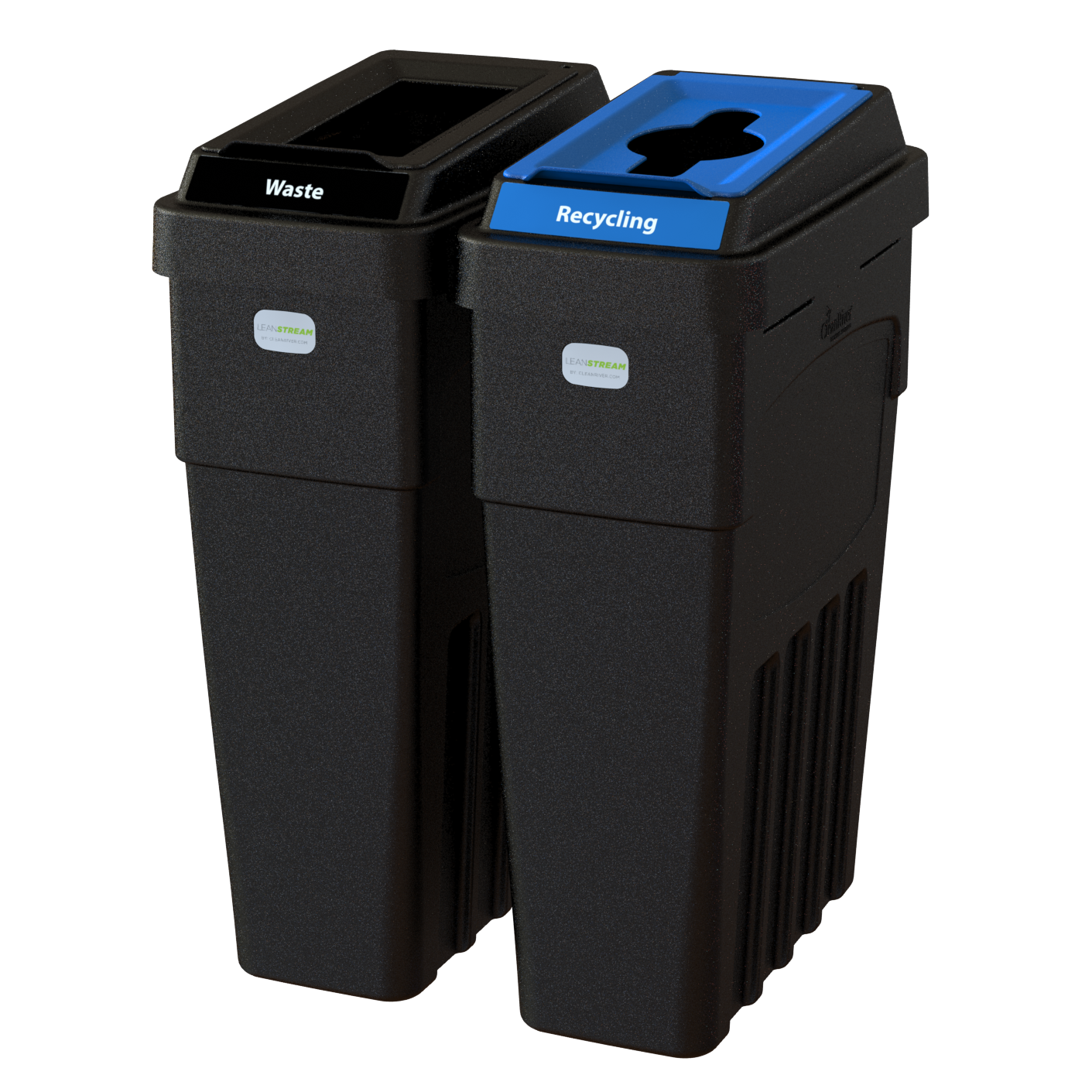 LeanStream 2-stream waste and recycling container in black, compact indoor recycling and waste bin, no backboard