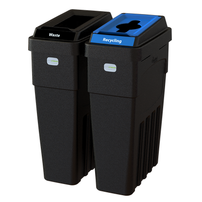 LeanStream 2-stream waste and recycling container in black, compact indoor recycling and waste bin, no backboard