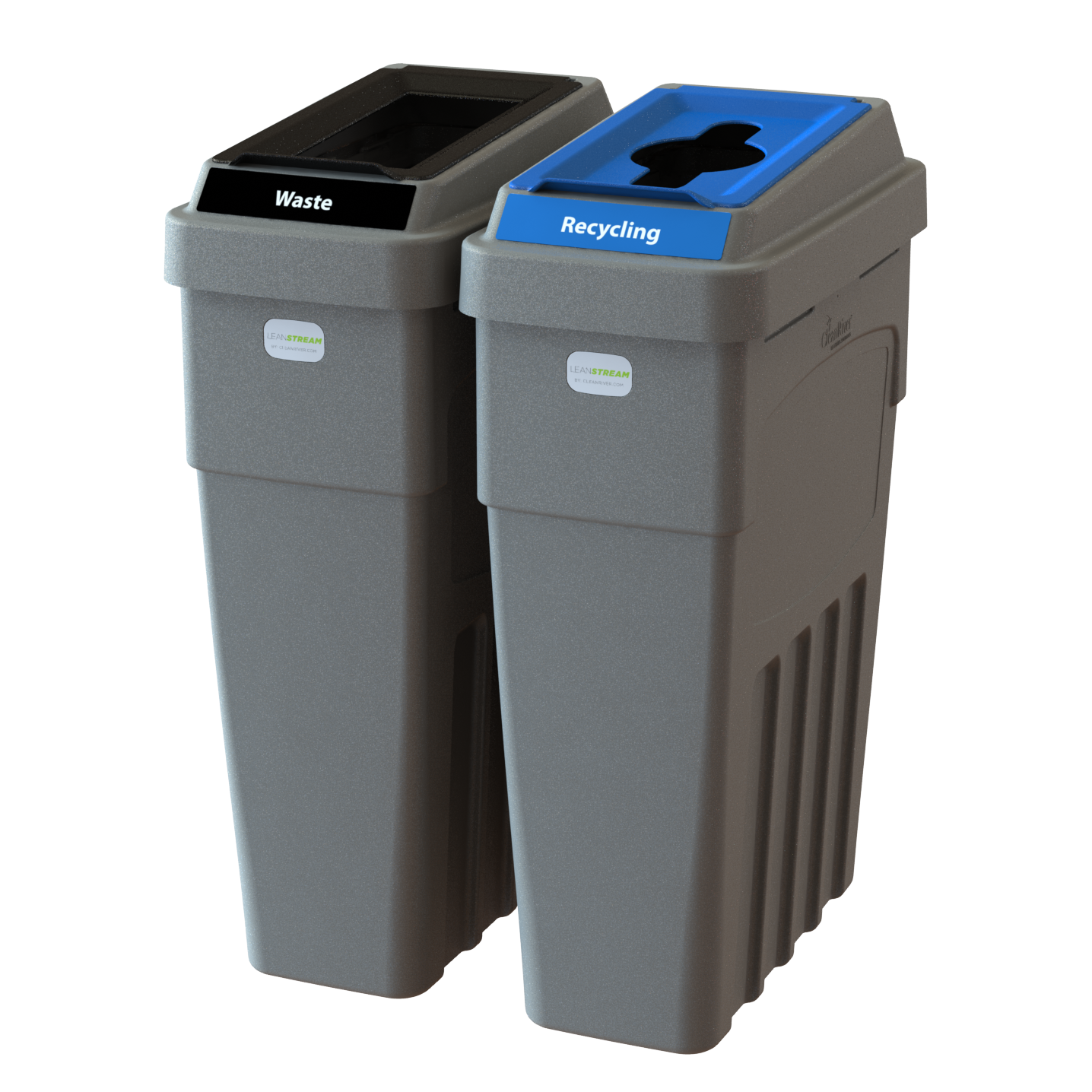 LeanStream 2-stream waste and recycling container in grey, compact indoor recycling and waste bin, no backboard