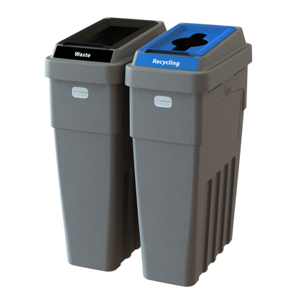 LeanStream 2-stream waste and recycling container in grey, compact indoor recycling and waste bin, no backboard
