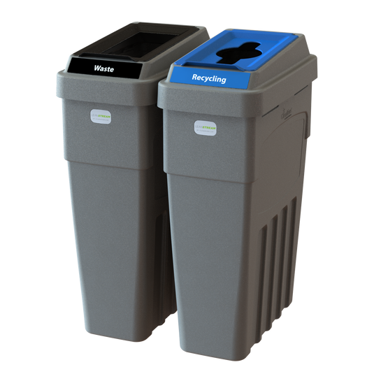 LeanStream 2-stream waste and recycling container in grey, compact indoor recycling and waste bin, no backboard