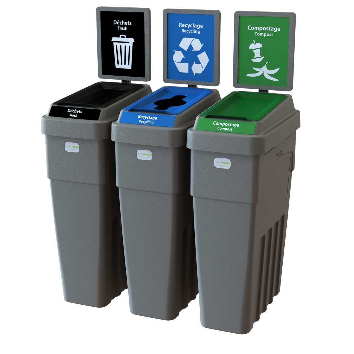 Conteneur LeanStream™ à 3 flux pour déchets + recyclage + compost – Gris – Avec panneau arrière – 69 gallons