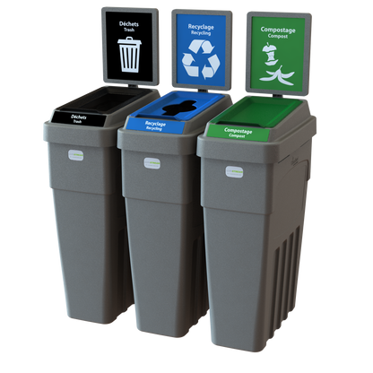 Conteneur LeanStream™ à 3 flux pour déchets + recyclage + compost – Gris – Avec panneau arrière – 69 gallons