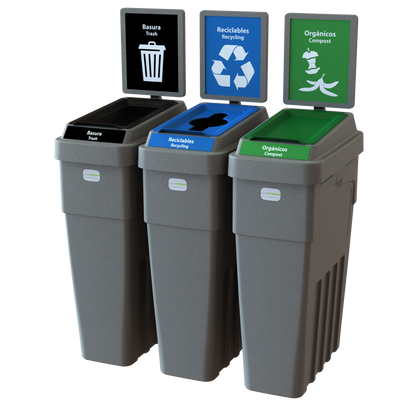 Conteneur LeanStream™ à 3 flux pour déchets + recyclage + compost – Gris – Avec panneau arrière – 69 gallons