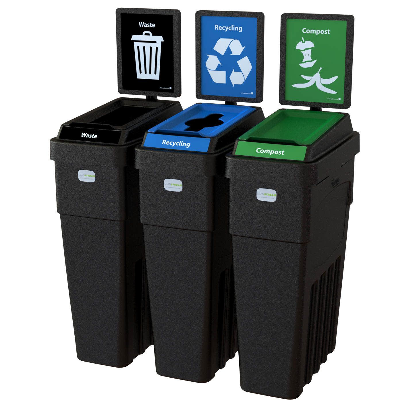 LeanStream™ 3-Stream Waste + Recycling + Compost Container – Black – With Backboard – 69 Gallon
