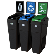 LeanStream™ 3-Stream Waste + Recycling + Compost Container – Black – With Backboard – 69 Gallon