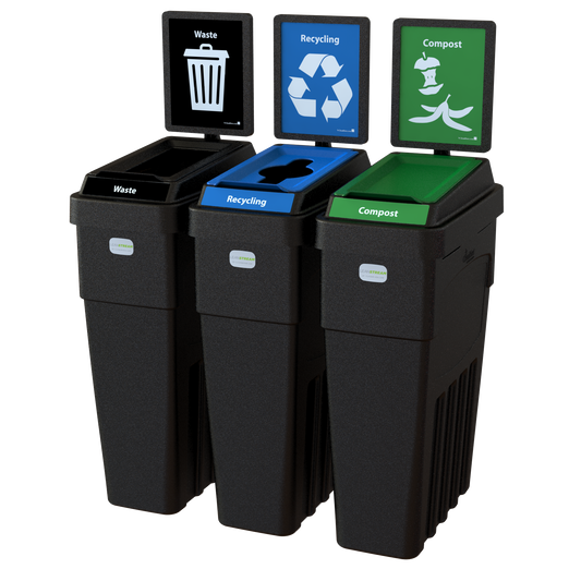 LeanStream™ 3-Stream Waste + Recycling + Compost Container – Black – With Backboard – 69 Gallon