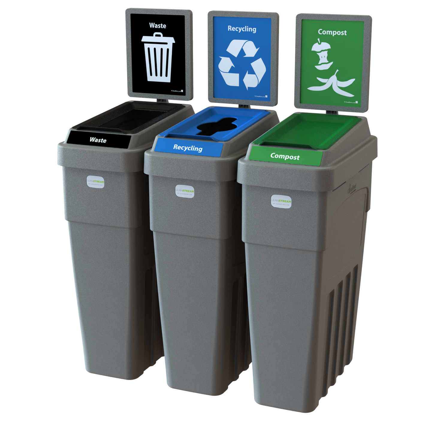 LeanStream™ 3-Stream Waste + Recycling + Compost Container – Grey – With Backboard – 69 Gallon