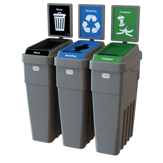 LeanStream™ 3-Stream Waste + Recycling + Compost Container – Grey – With Backboard – 69 Gallon