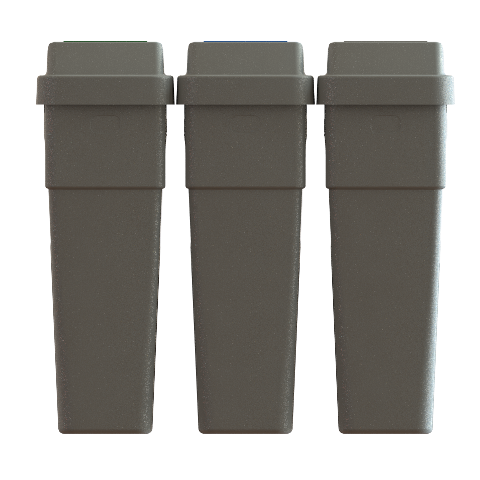 LeanStream 3-stream waste, recycling, and compost container in grey, compact indoor recycling and waste bin, no backboard