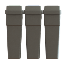 LeanStream 3-stream waste, recycling, and compost container in grey, compact indoor recycling and waste bin, no backboard