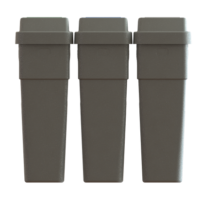 LeanStream 3-stream waste, recycling, and compost container in grey, compact indoor recycling and waste bin, no backboard