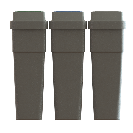 LeanStream 3-stream waste, recycling, and compost container in grey, compact indoor recycling and waste bin, no backboard