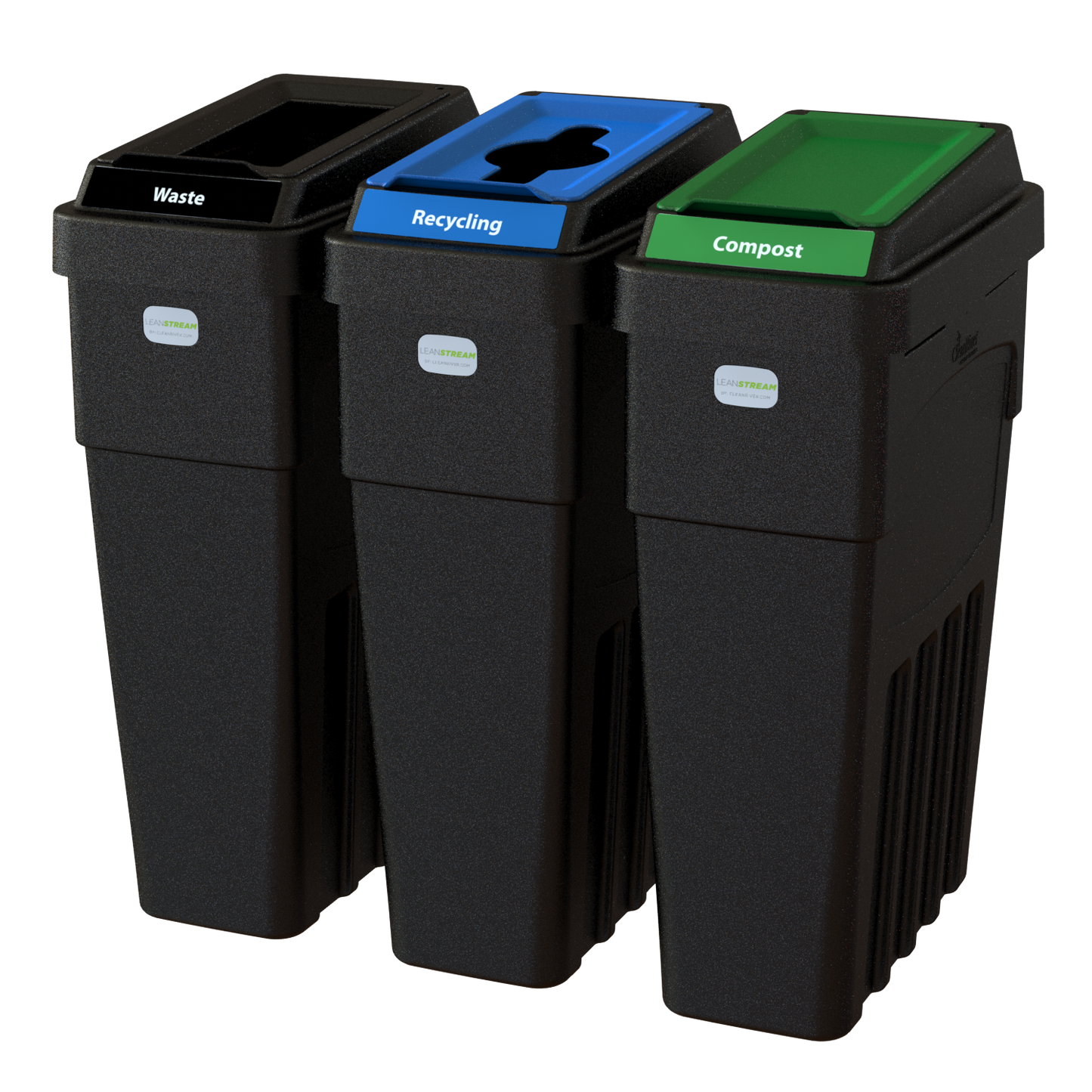 LeanStream™ 3-Stream Waste + Recycling + Compost Container – Black – No Backboard – 69 Gallon