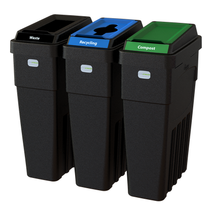 LeanStream™ 3-Stream Waste + Recycling + Compost Container – Black – No Backboard – 69 Gallon