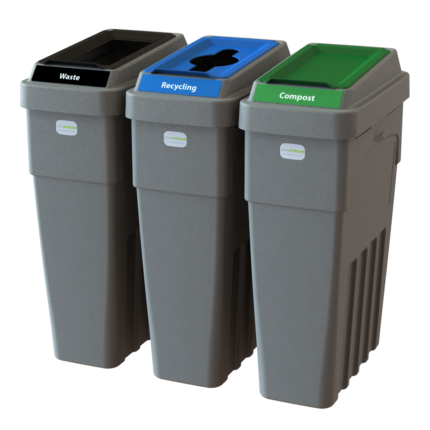 LeanStream 3-stream waste, recycling, and compost container in grey, compact indoor recycling and waste bin, no backboard