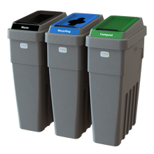 LeanStream 3-stream waste, recycling, and compost container in grey, compact indoor recycling and waste bin, no backboard