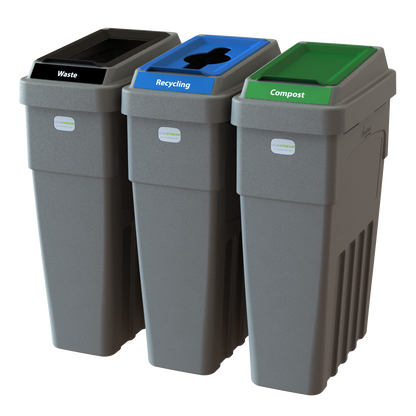 LeanStream 3-stream waste, recycling, and compost container in grey, compact indoor recycling and waste bin, no backboard