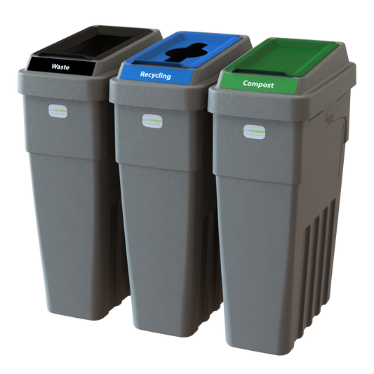 LeanStream 3-stream waste, recycling, and compost container in grey, compact indoor recycling and waste bin, no backboard