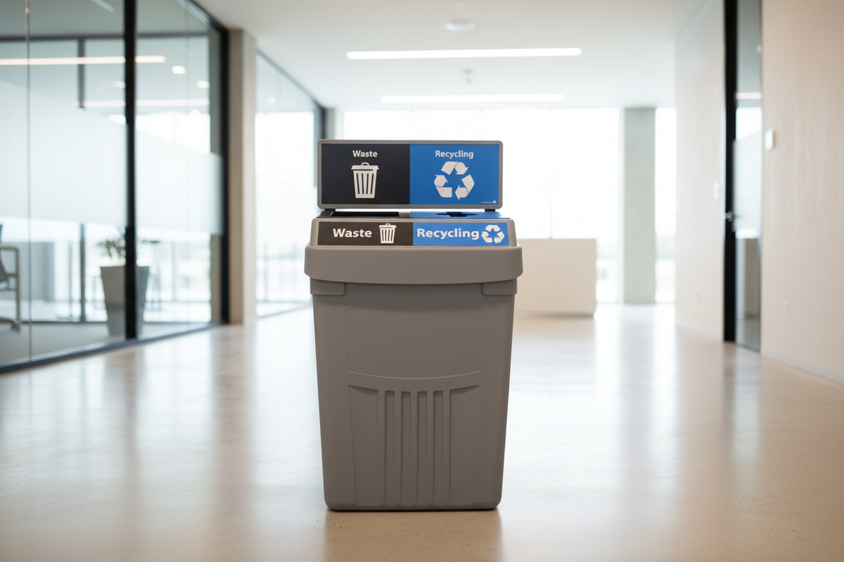 Dual-stream waste and recycling bin in modern indoor space