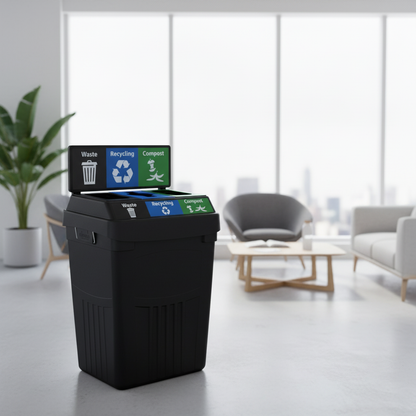 Flex E 3-stream waste, recycling, and compost bin in black, 50-gallon indoor container, with backboard