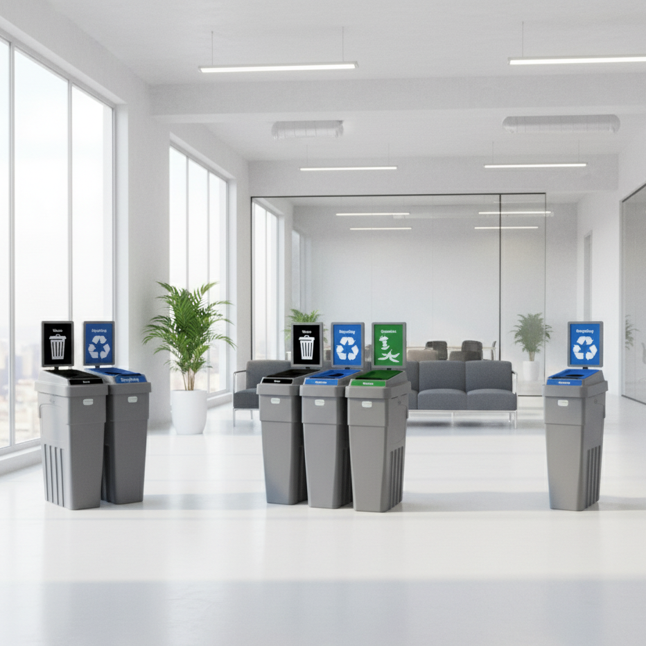 LeanStream recycling bins banner in modern office setting