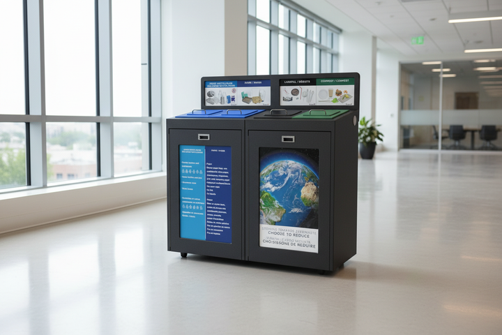 Three-stream recycling bin in building